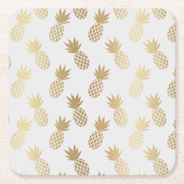 Gold Pineapple Pattern Square Paper Coaster (Front)