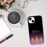 Gold pineapple purple pink black add a name Case-Mate iPhone 14 case<br><div class="desc">3 faux gold coloured tropical pineapples.  Girly Purple,  pink and black ombre background.  Template for a name,  golden coloured hand lettered style script.</div>