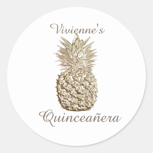 Gold Pineapple Quinceanera Classic Round Sticker (Front)