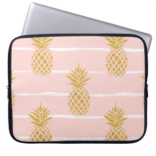 Gold Pineapple, Striped Summer Background. Laptop Sleeve
