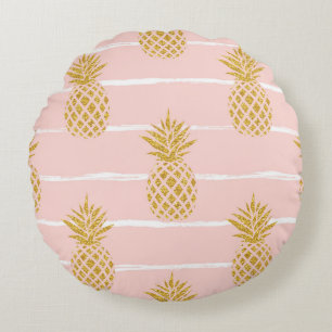 Gold Pineapple, Striped Summer Background. Round Pillow