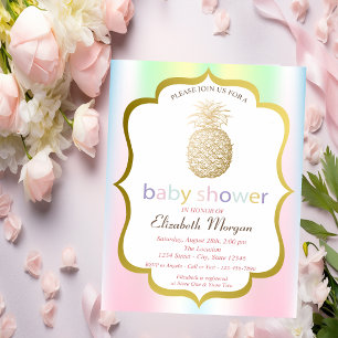 Gold Pineapple Tropical Holographic Baby Shower Invitation