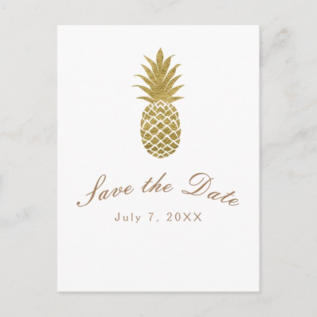 Gold Pineapple White Modern Tropical Save the Date Announcement Postcard (Front)