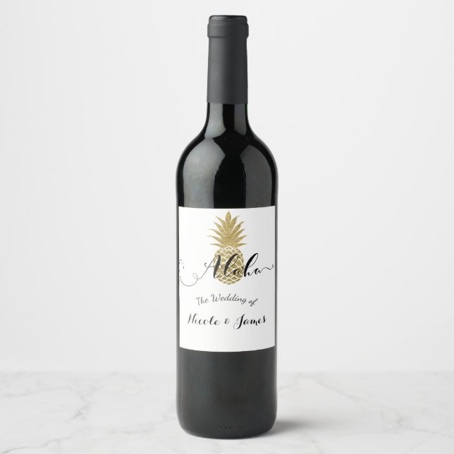 Gold Pineapple White Tropical Elegant Wedding Wine Wine Label (Front)