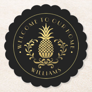 Gold Pineapple With Family Name & Est. Date Paper Coaster