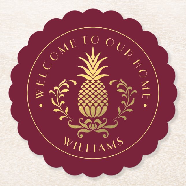 Gold Pineapple | With Family Name Paper Coaster (Front)