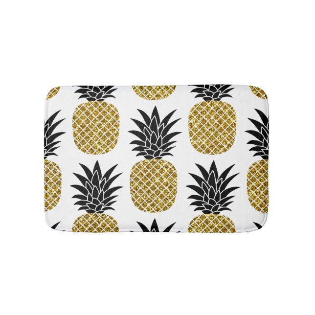 Gold Pineapples: Hand-Drawn White Seamless. Bath Mat (Front)