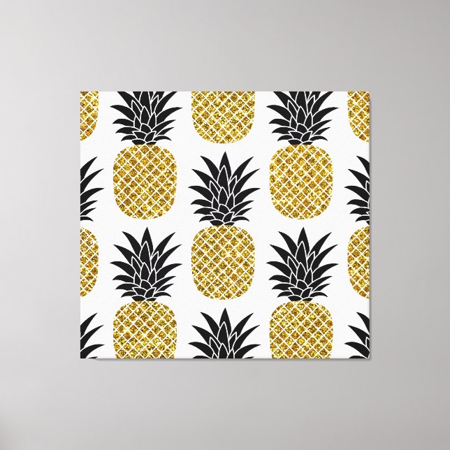 Gold Pineapples: Hand-Drawn White Seamless. Canvas Print (Front)