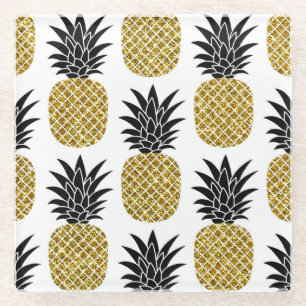Gold Pineapples: Hand-Drawn White Seamless. Glass Coaster