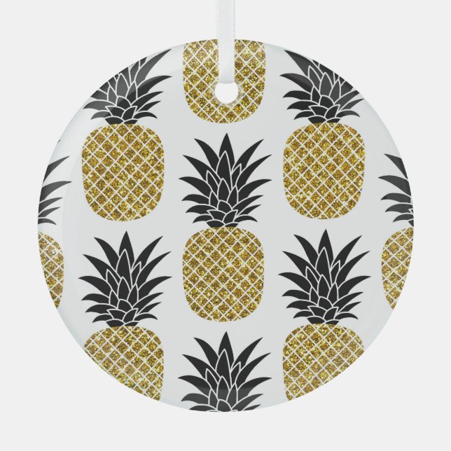 Gold Pineapples: Hand-Drawn White Seamless. Glass Ornament (Front)