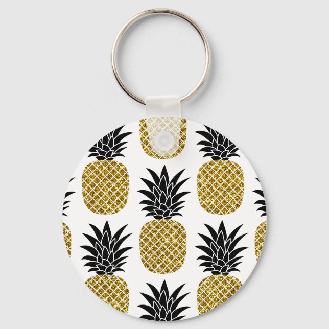 Gold Pineapples: Hand-Drawn White Seamless. Keychain (Front)