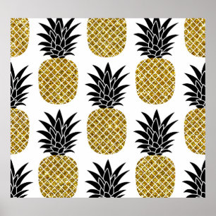 Gold Pineapples: Hand-Drawn White Seamless. Poster