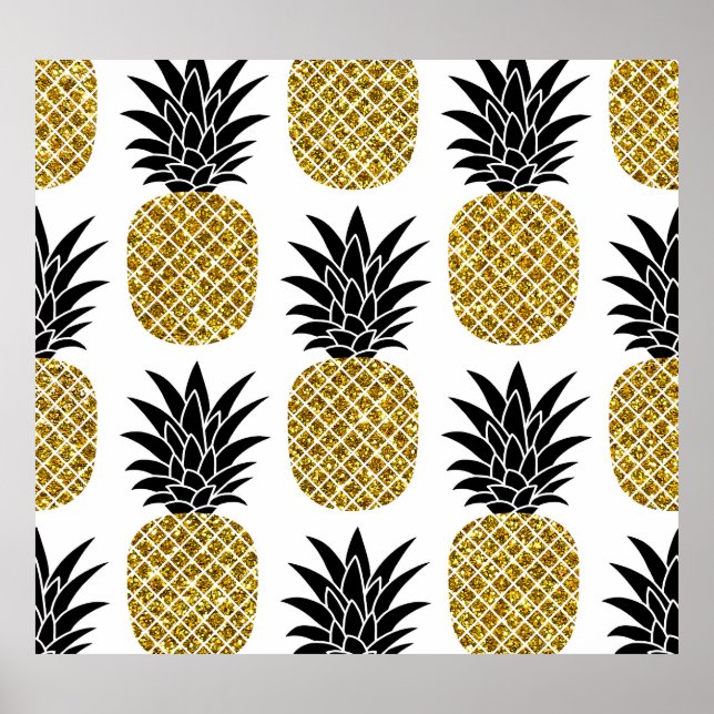 Gold Pineapples: Hand-Drawn White Seamless. Poster (Front)
