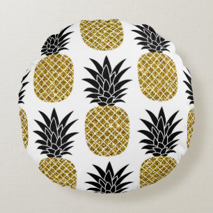 Gold Pineapples: Hand-Drawn White Seamless. Round Pillow