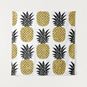 Gold Pineapples: Hand-Drawn White Seamless. Tapestry