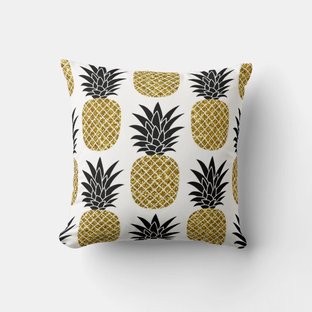 Gold Pineapples: Hand-Drawn White Seamless. Throw Pillow (Front)