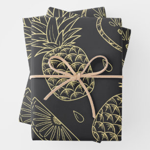 Gold Pineapples on black Wrapping Paper Sheets 