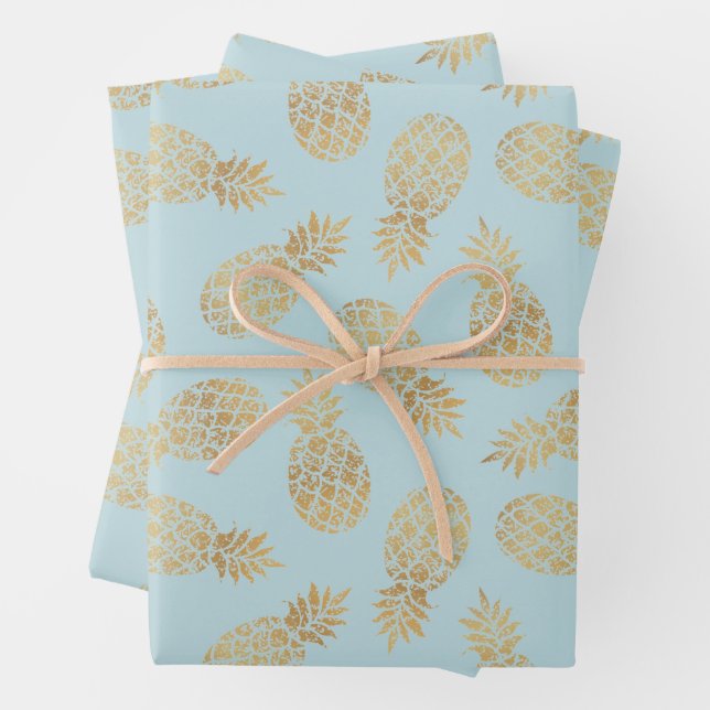 Gold Pineapples on Blue Wrapping Paper Sheet (In situ)