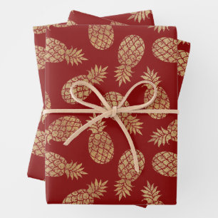 Gold Pineapples on Deep Red Wrapping Paper Sheet