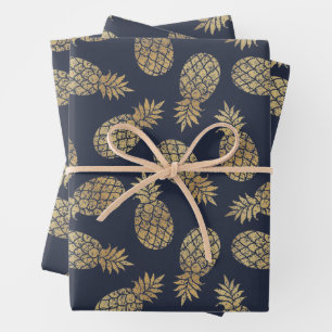 Gold Pineapples on Navy Blue Wrapping Paper Sheet