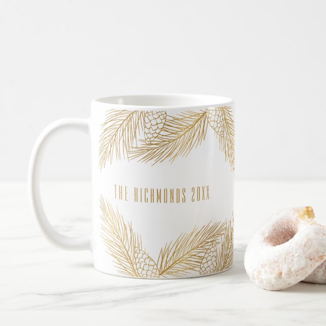Gold Pinecones and Pine Needles Christmas Coffee Mug (With Donut)
