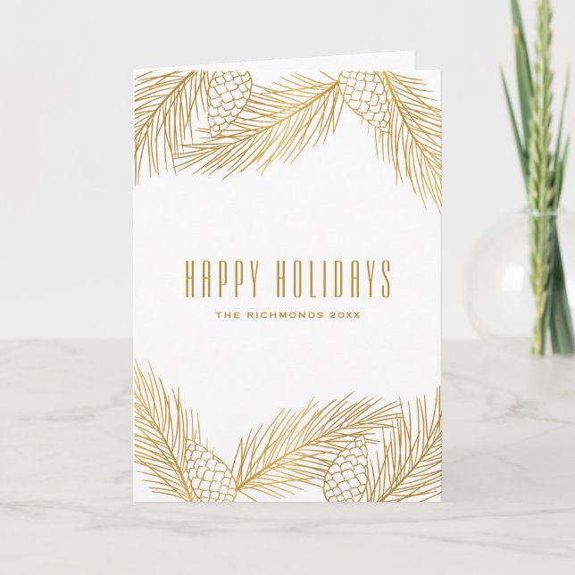 Gold Pinecones and Pine Needles Holiday Card (Front)