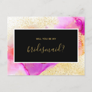 Gold Pink Abstract Watercolor Be My Bridesmaid Invitation Postcard