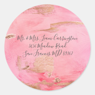 Gold Pink Abstract Watercolor Script Name Address Classic Round Sticker