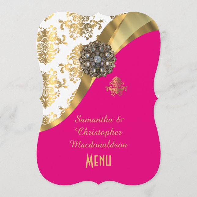Gold, pink and white damask wedding menu (Front)