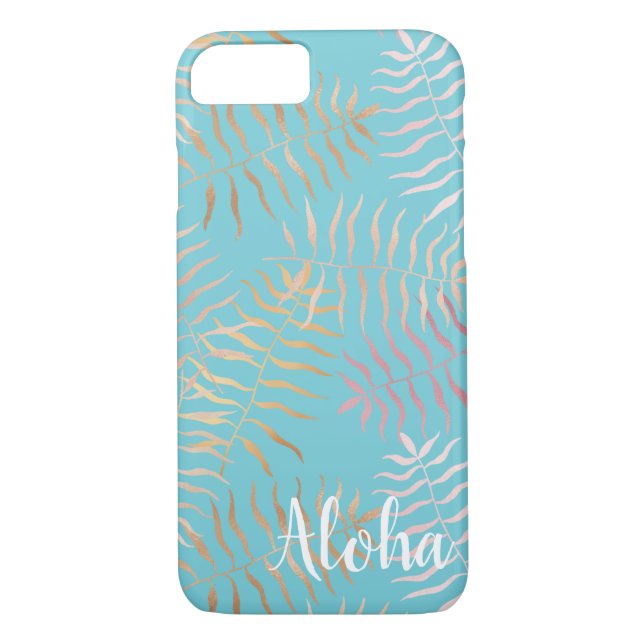 Gold Pink Aqua Tropical Leaves Case-Mate iPhone Case (Back)
