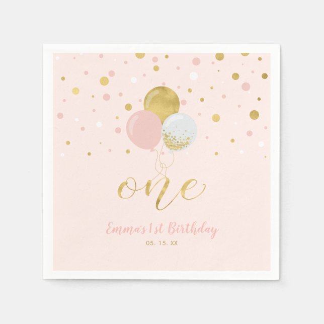 Gold & Pink | Balloons, Confetti Girl 1st Birthday Napkin (Front)