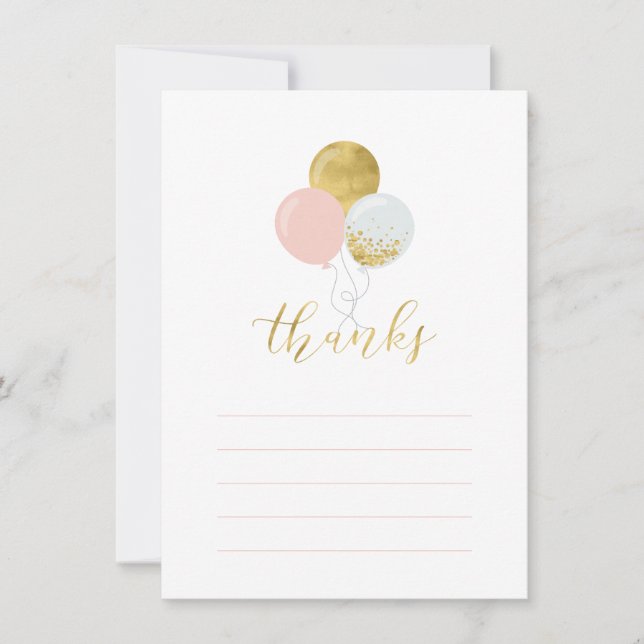 Gold & Pink Balloons | Party Thank You Note Card (Front)