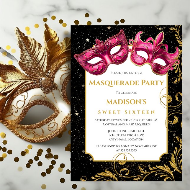 Gold Pink Birthday Masquerade Party Invitation (Pink and gold masks masquerade party invitation front view.)