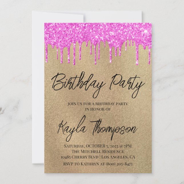 Gold Pink Birthday Party Invitation (Front)