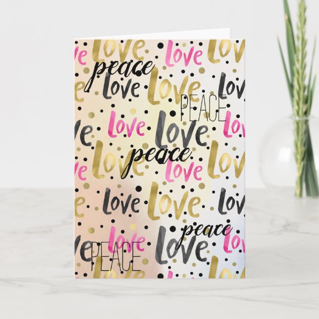 Gold Pink Black Confetti Love Peace Card (Front)