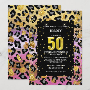 Gold pink black leopard print jungle glitter 50th invitation