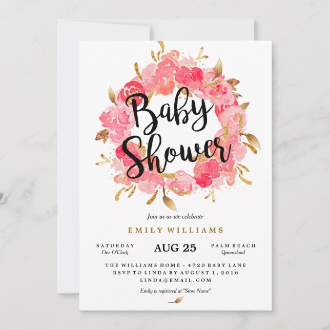 Gold Pink Blossom Wreath Baby Shower Invitation (Front)