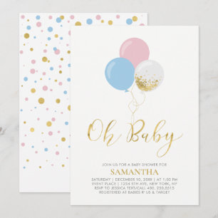 Gold, Pink, Blue Balloons   Oh Baby Baby Shower Invitation