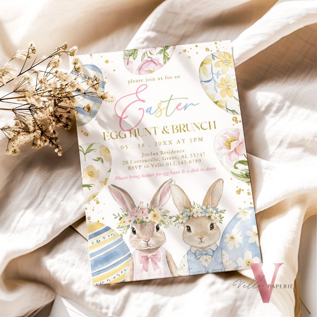 Gold Pink Blue Yellow Easter Egg Hunt & Brunch Invitation (Creator Uploaded)