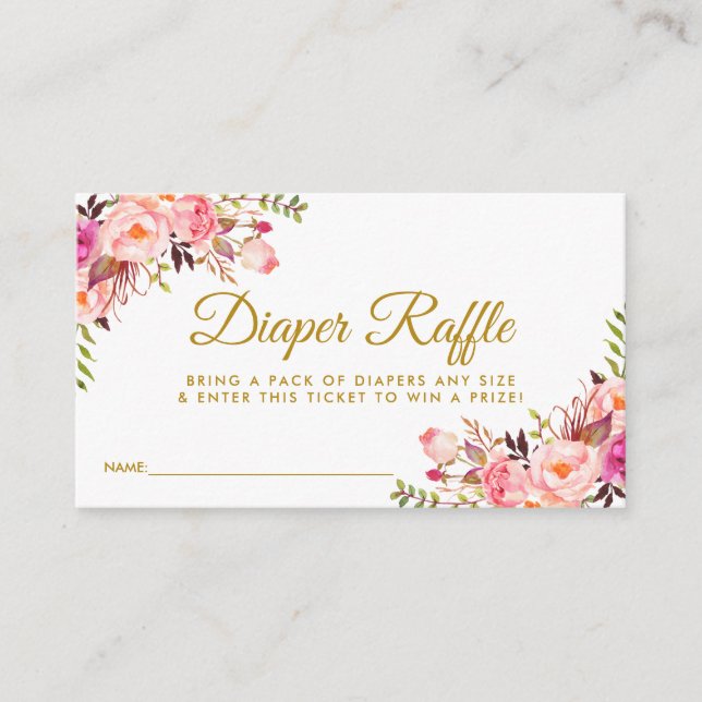 Gold Pink Blush Baby Shower Diaper Raffle Card (Front)