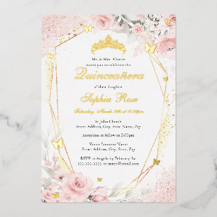 Gold Pink Blush Butterfly Floral Quinceanera