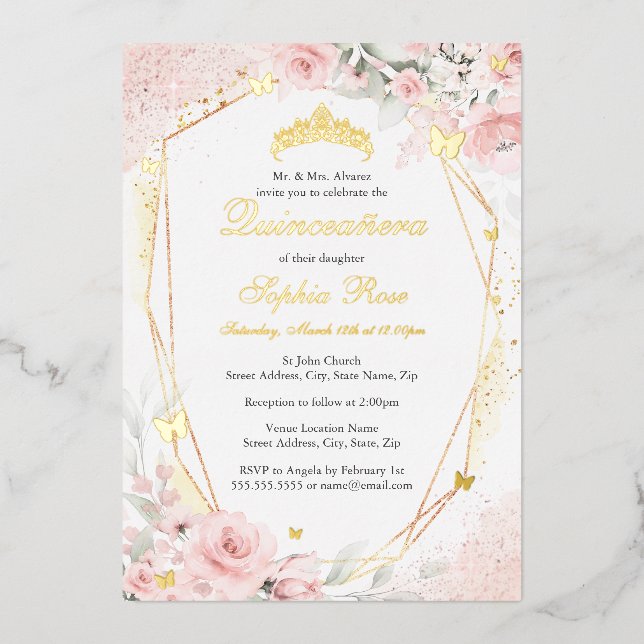 Gold Pink Blush Butterfly Floral Quinceanera (Front)