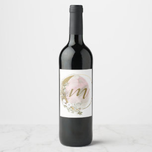 Gold Pink Blush Monogram Watercolor Celestial Busi Wine Label
