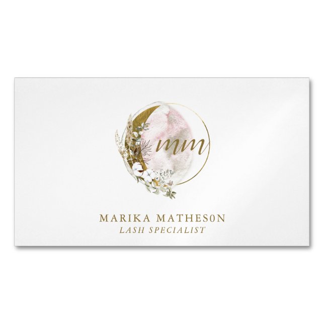 Gold Pink Blush Monogram Watercolor Celestial Magnetic Business Card (Front)