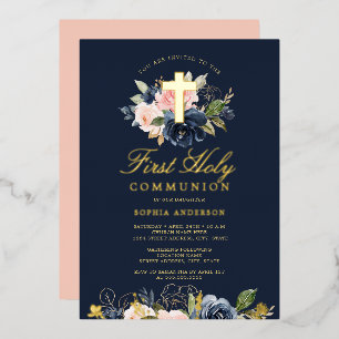 Gold Pink Blush Navy Floral Girls First Communion 