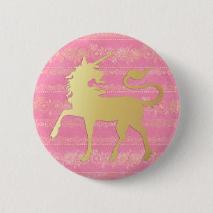 Gold & Pink Bohemian Pattern & Unicorn 2 Inch Round Button