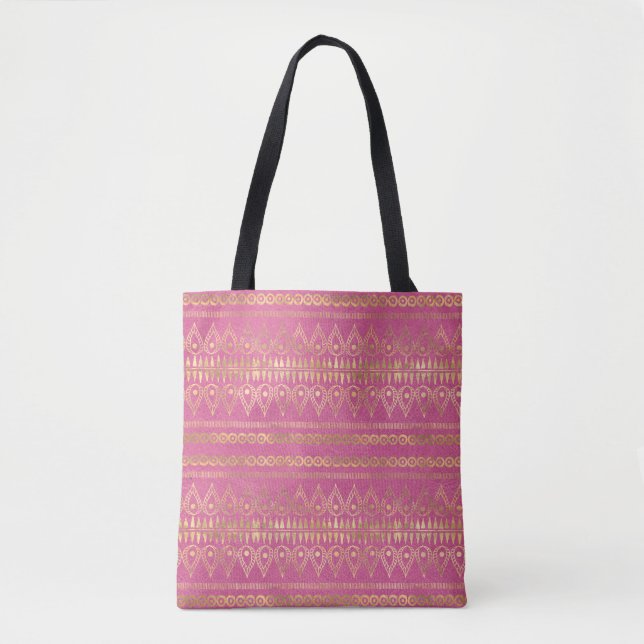 Gold & Pink Bohemian Unicorn Pattern Tote Bag (Front)