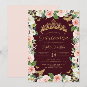 Gold Pink Burgundy Floral Tiara Quinceanera  Invitation
