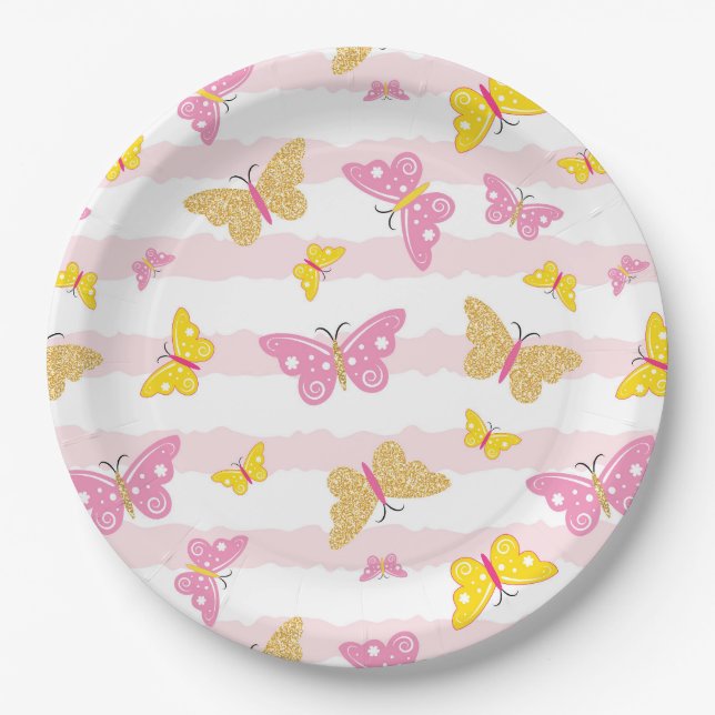 Gold & Pink Butterfly Paper Plate (Front)