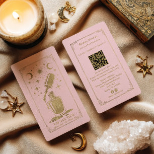 Gold Pink Celestial Tarot Nail artist QR Code Business Card